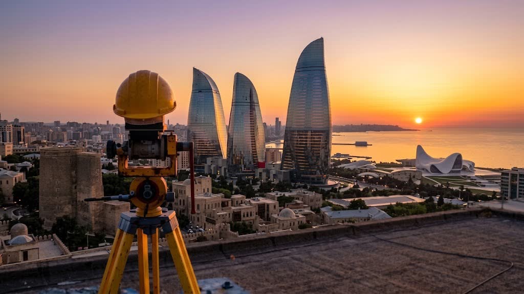 Total station on a rooftop overlooking the Baku skyline and the Caspian Sea at sunset